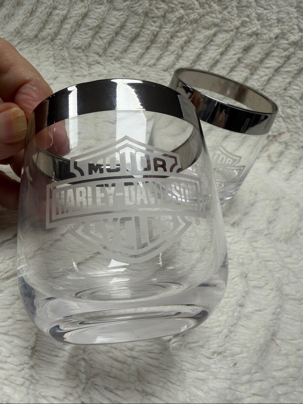 Harley Davidson Vintage Roly Poly (Weighted) Whiskey Glasses Silver Trim, Etched